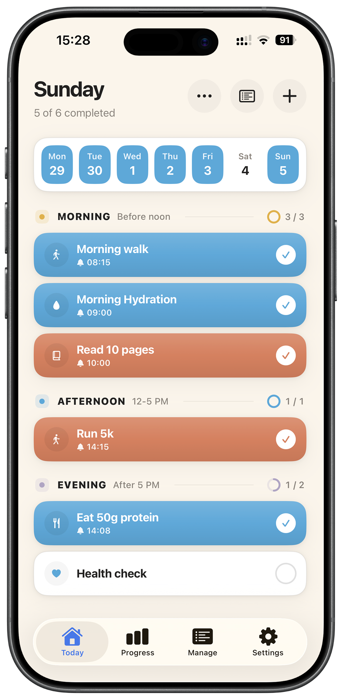Daily habit list with time-of-day sections and reminder times