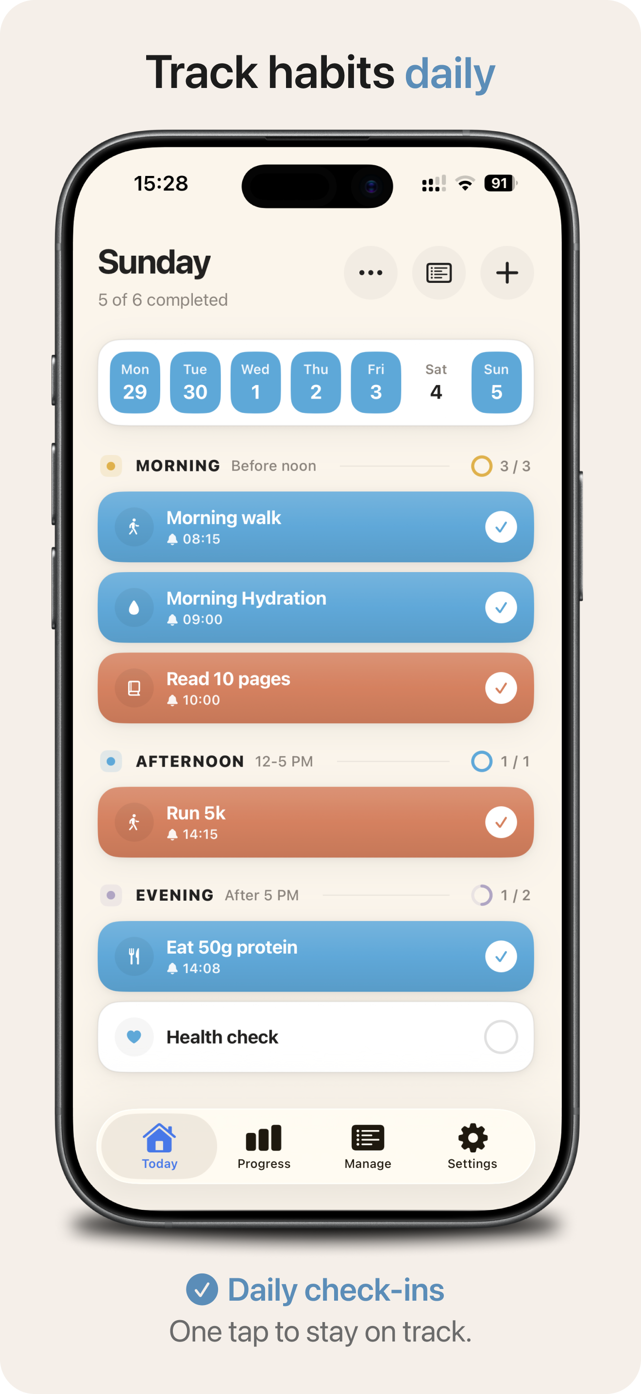 Daily check-ins grouped by morning, afternoon, and evening