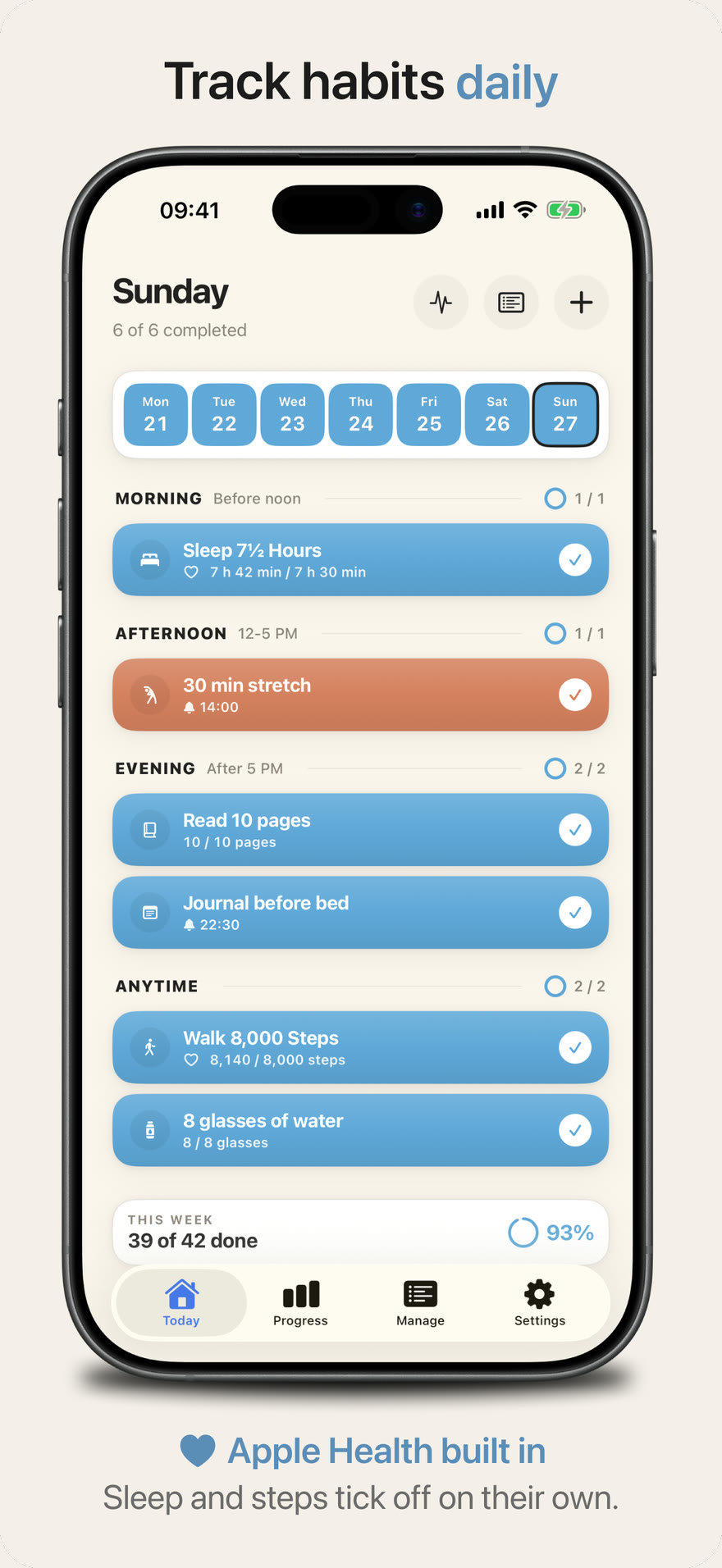 Daily habits with Apple Health habits for sleep and steps that can complete when their daily goals are reached